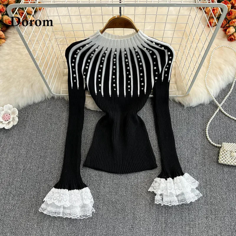 

Vintage Beading Black White Stripe Sweaters Women Spring Korean Style Lace Patchwork Flare Sleeve Slim Kintted Jumper Female Top