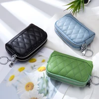double zipper genuine leather coin purse diamond pattern first layer leather women mini wallet with keychain cute short wallet