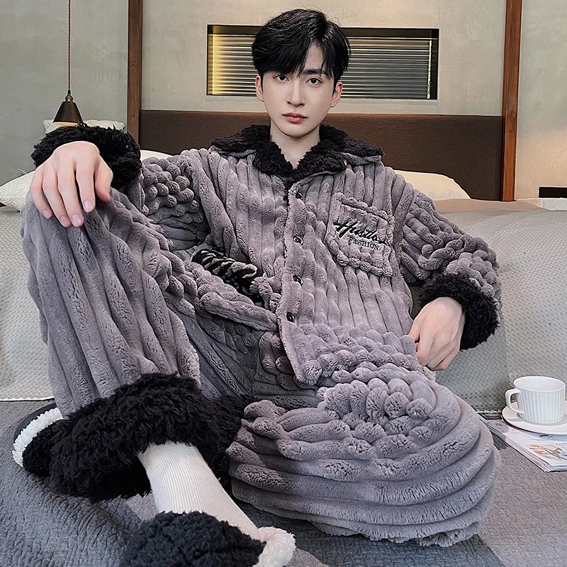 QUHENG Autumn Men's Pajamas Winter Flannel Sleepwear Pajama Sets Long Sleeve Home Wear  Sleepwear Clothes Lovers Pyjamas Suit