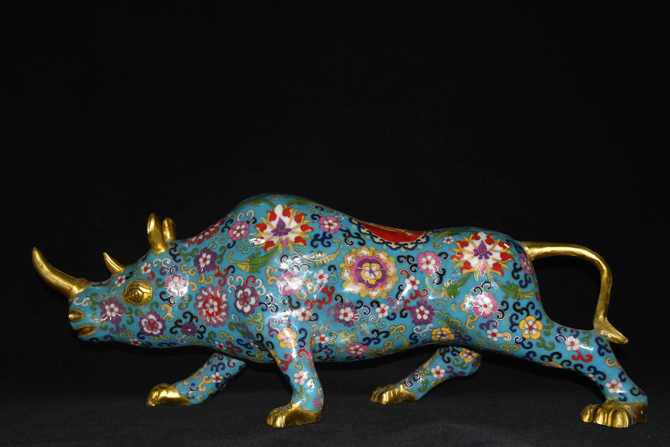 

25"Tibet Temple Collection Old Bronze Cloisonne Enamel Floral texture Rhinoceros Unicorn Cattle Amass wealth Ornaments Exorcism