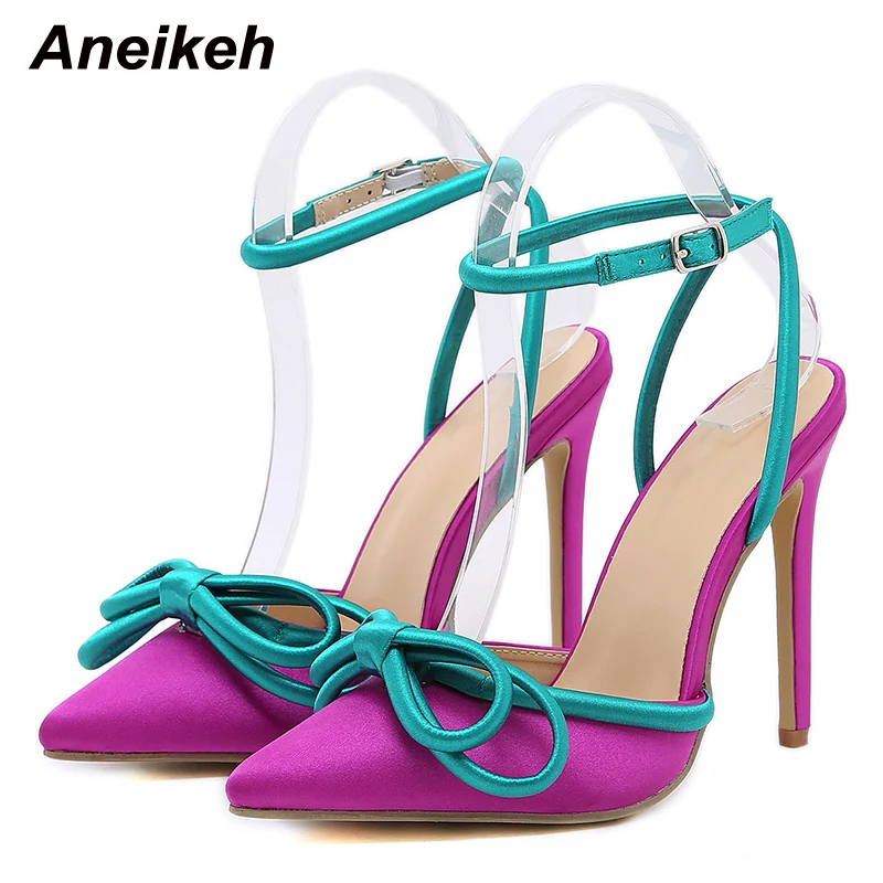 

Aneikeh Summer Ladies Shoes 2022 Flock Pointed Toe Slingbacks Butterfly-Knot Pumps Thin Heels Shallow Sweet Party Elegant Black
