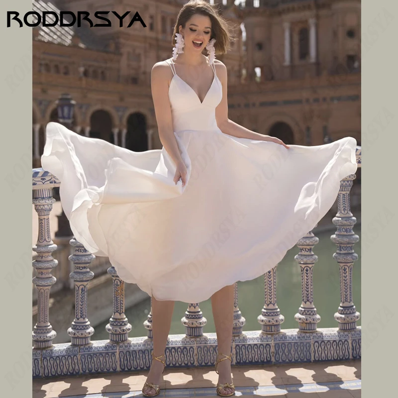 

RODDRSYA Beach Wedding Dresses V-Neck Spaghetti Strapls Bridal Gown Simple A-line Chiffon Bride Party Short Backless Illusion