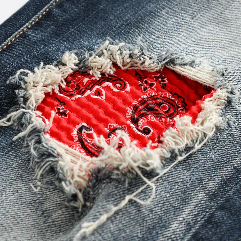 Fashion Streetwear Men Jeans High Quality Retro Blue Elastic Slim Fit Hole Ripped Jeans Men Patch Designer Brand Pants Hombre