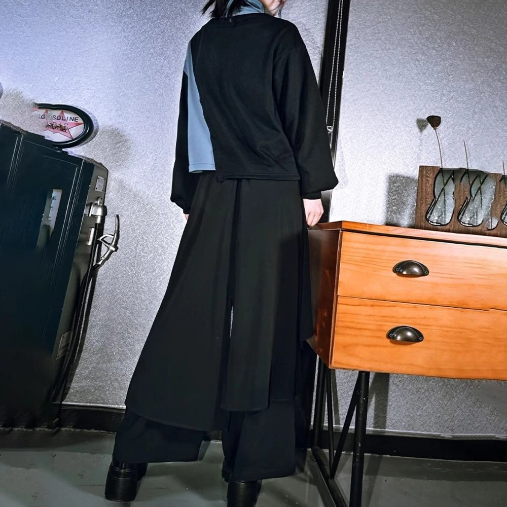 Темно-готическая многослойная юбка нестандартной формы с вышитой лентой брюки