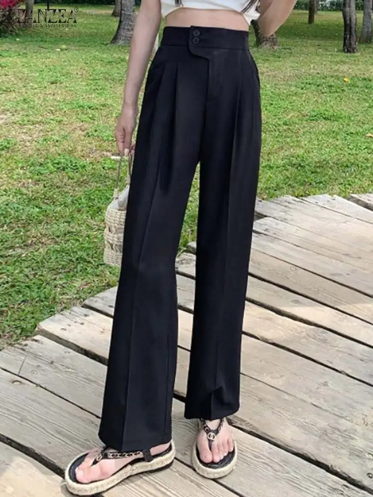 

Elegant Pleated Pants Women Autumn Trousers ZANZEA 2022 Casual High Wasit Long Pantalon Palazzo Female Solid Turnip Oversized