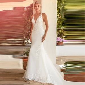 Luxury V-Neck Sleeveless Boho Mermaid Wedding Dress For Women 2022 Lace Appliques Open Back Floor Le in USA (United States)