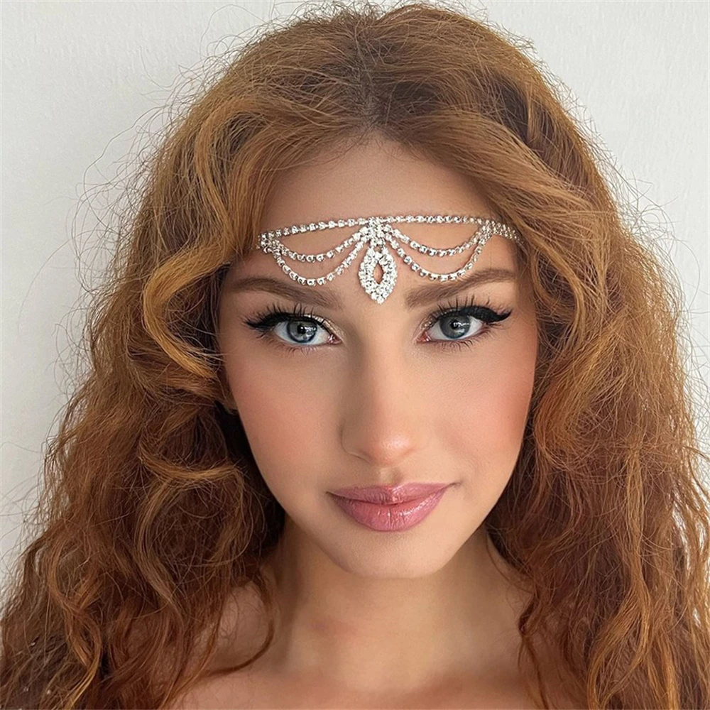 

Exquisite Shiny Multilayer Rhinestone Hollow Pendant Head Chain Ladies Temperament Fashion Bling Crystal Forehead Chain Jewelry