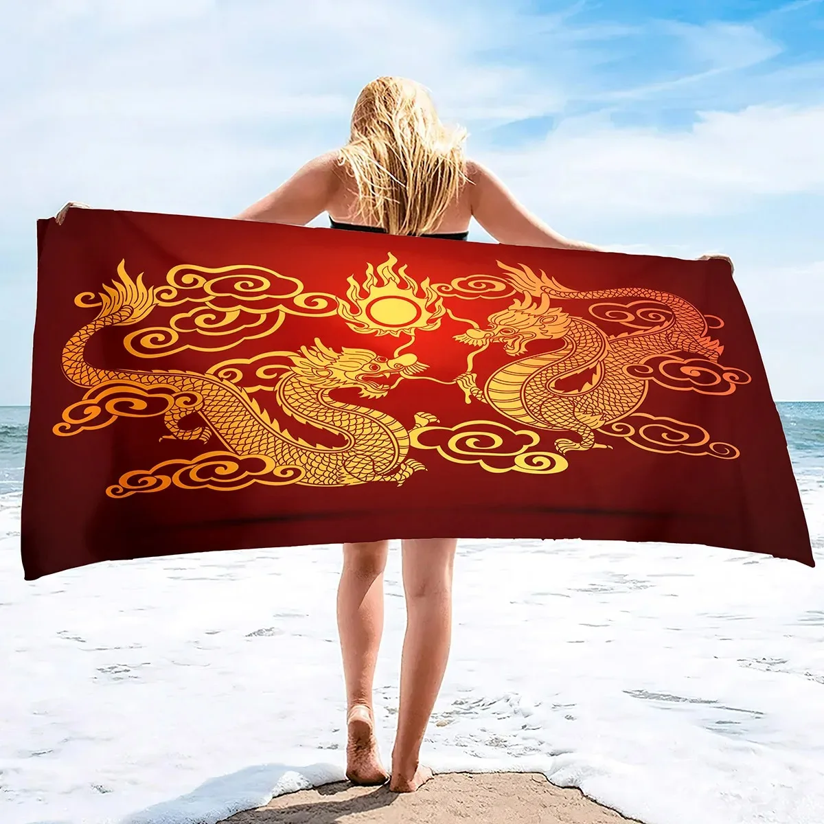 Банное полотенце с принтом дракона пляжное большого размера абсорбирующие