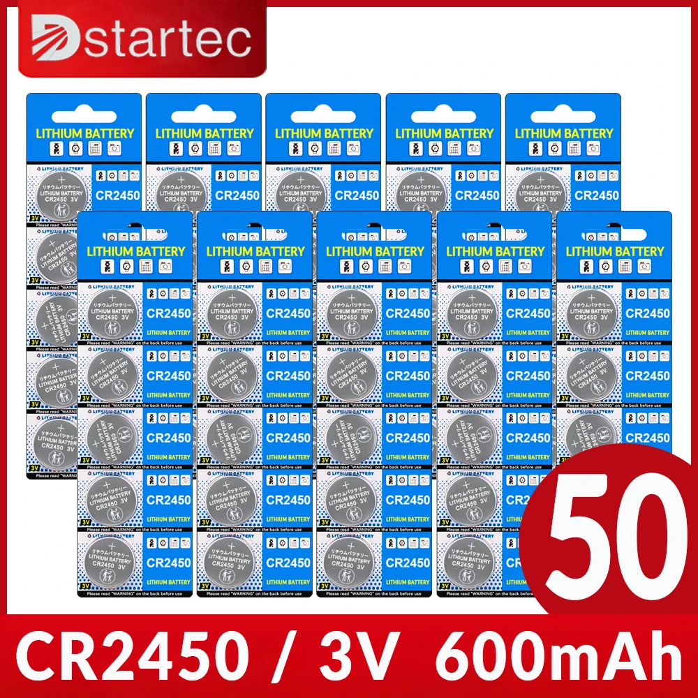 50 шт. = 10 карт Eunicell 600 мАч CR2450 CR 2450 ECR2450 KCR2450 5029LC LM2450, Кнопочная батарея, монетная батарея 3 в, литиевые батареи для часов