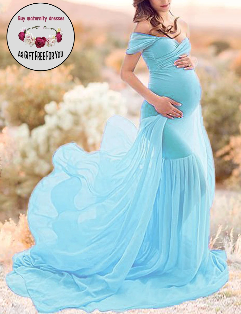 

women Pregnancy Dresses Off Shoulder Chiffon Gown Front Maxi Mermaid Maternity Dress for Photography