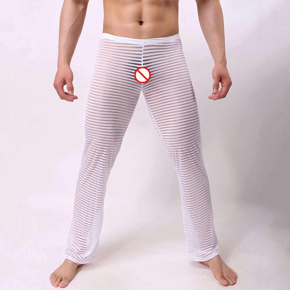 

Men See-Through Breathable Stripe Soft Pajamas Sleep Pants Trousers Homewear Sexy Long Lounge Low Rise Tight Hip Leggings