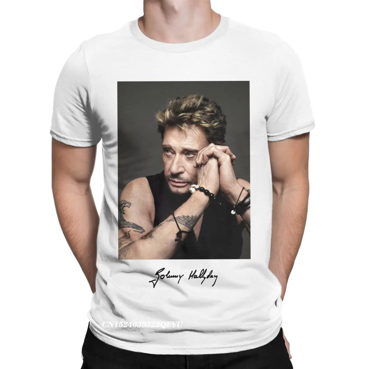 Johnny Hallyday Portrait Tops T Shirts Men Women's Premium Cotton Vintage T-Shirts Round Collar French Singer Tees Harajuku Gift