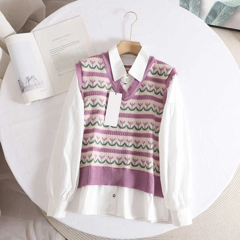 

Pullover women fake two-piece knitted sweater 2022 autumn new shirt collar loose casual vest knitted sweater women