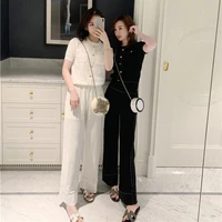 summer new korean womens wear high end temperament round neck gold button short sleeve knitted top elastic waist pants set