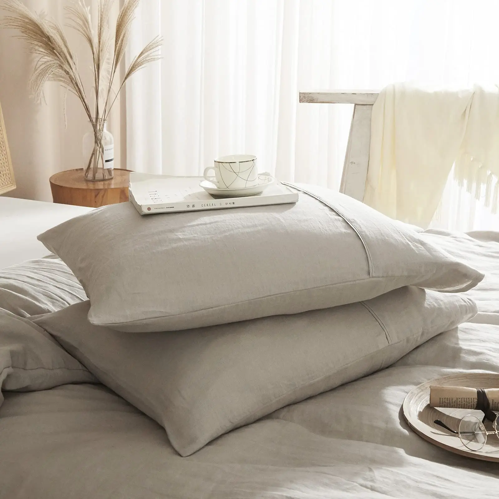 

100% French Linen Pillowcase Stone Washed, King Pillowcase Set of 2, Super Soft & Breathable & Moisture-Absorbing, Envelope Desi