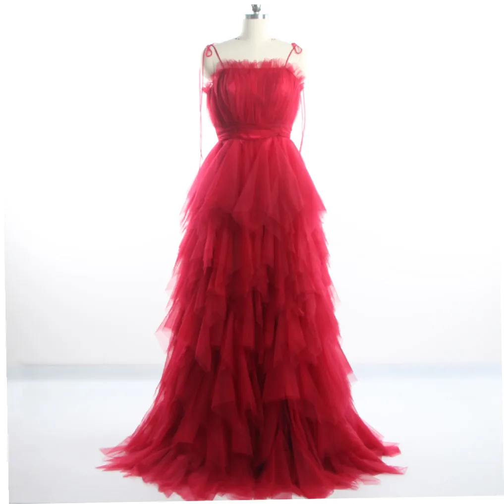 

Evening Dresses Burgundy Pleat Tulle Ruched Strapless Tiered A-line Floor Length Zipper Back Plus size Women Party Dress HB249