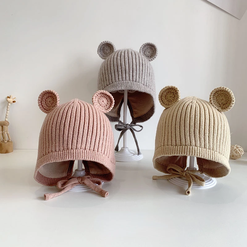 Kawaii Baby Hats Ear Shape Cartoon Bear Autumn Winter Kids Beanie Bonnet Toddler Cap Photography Props Accessories Warmer Stuff