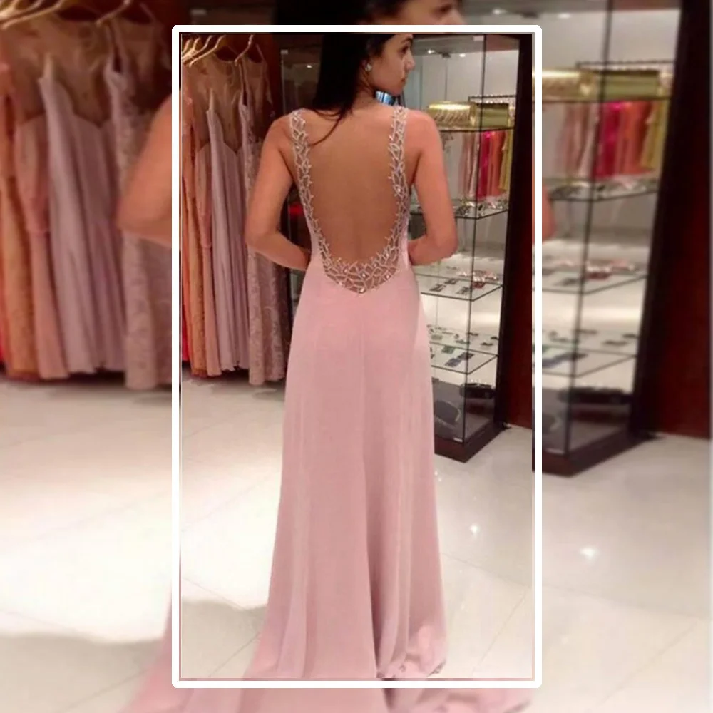

Casual sexy slim temperament elegant 2023 new dress,Hot Selling New Deep V-neck Fashion Prom Dress Chiffon Pink Evening Dress L