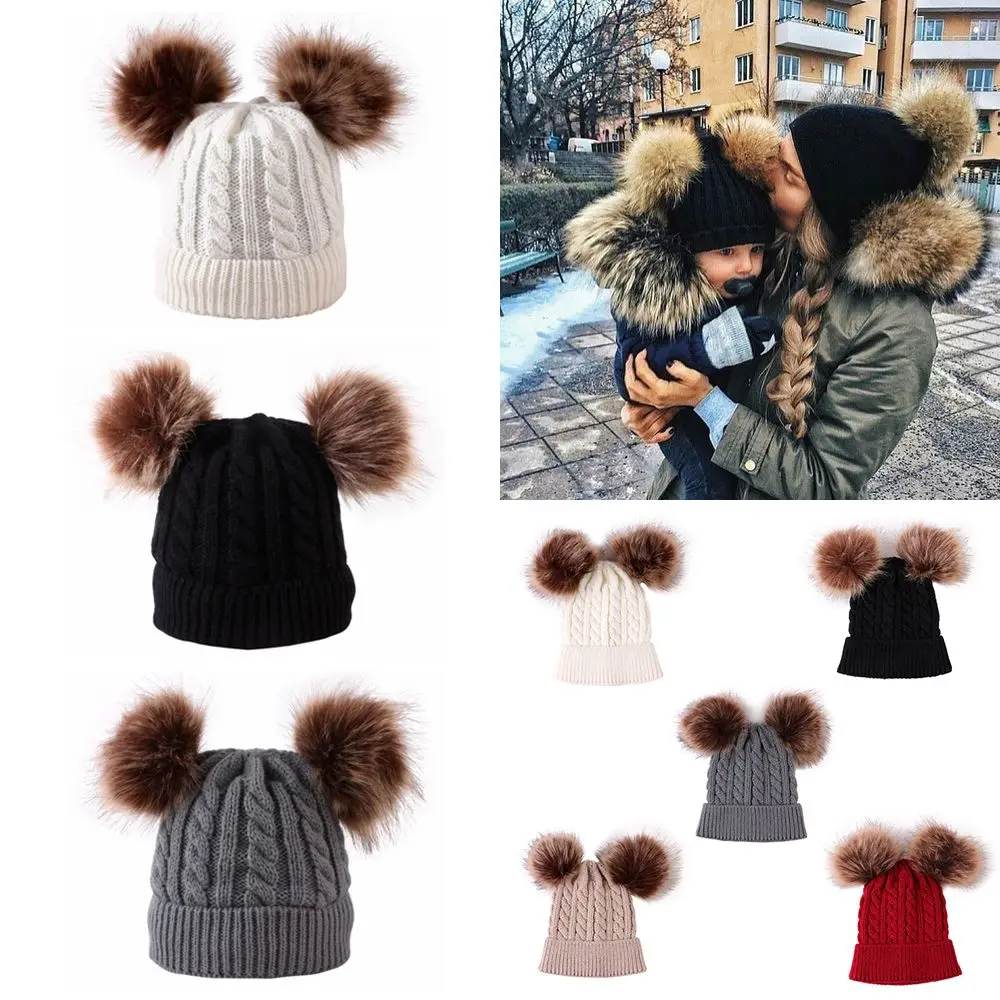 

Fashion Toddler Kids Infant Baby Fur Pom Beanie Cap Ski Hats Warm Knit Hat Crochet Knit