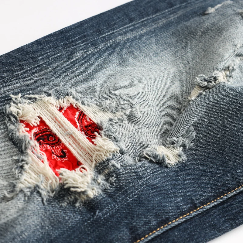 Fashion Streetwear Men Jeans High Quality Retro Blue Elastic Slim Fit Hole Ripped Jeans Men Patch Designer Brand Pants Hombre