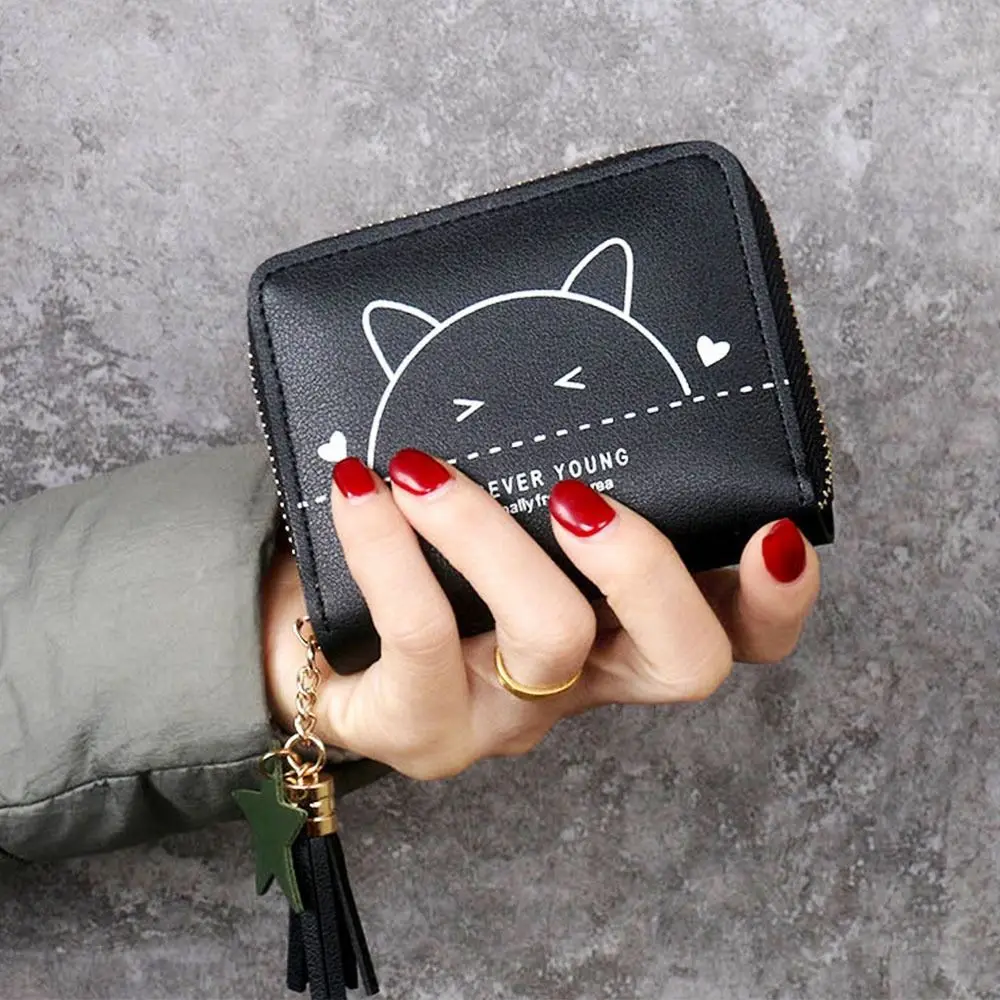 

Women Short Wallet Simple Square Wallet Bag Zipper Small PU Leather Wallet Tassel Mini Coin Purse Female Credit Bank Card Holder