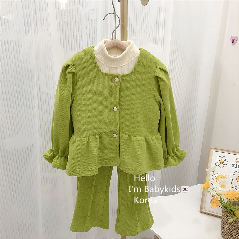 

2022 Girls Sets Outerwear Square Collar Full Sleeve Button Flare Pants Ankle Length Fashion Lovely New Casual Autumn Girls