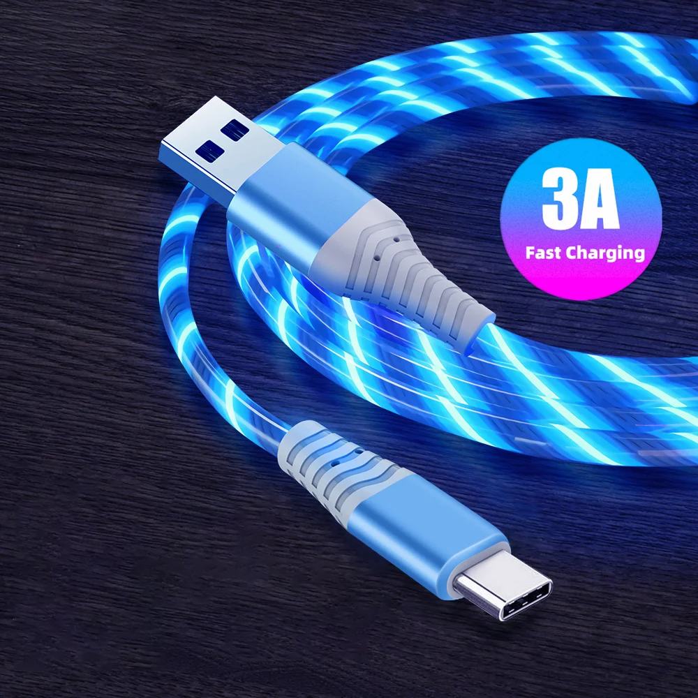 3A Glowing Cable Micro USB Type C Cable Fast Charging For iPhone  Huawei Xiaomi LED light Charger Flowing Streamer USB C Cord