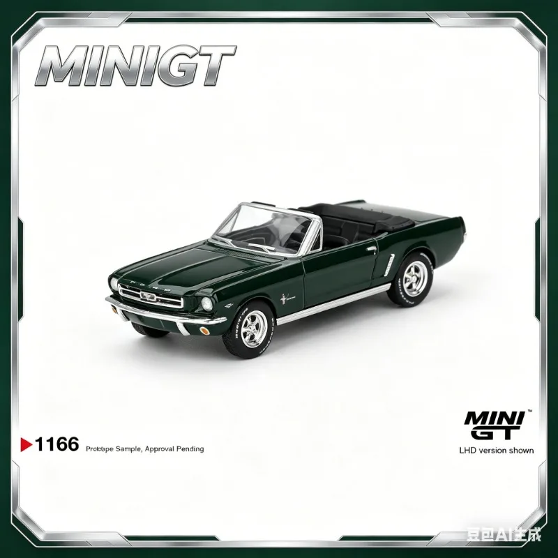 Фото MINI GT1: 64 #   Модель автомобиля Ford Mustang 1166, зеленый кабриолет, из сплава, статическая имитационная модель, коллекционная, для взрослых, мужская игрушка. №1