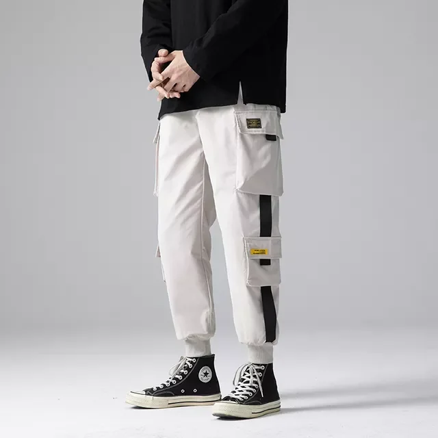 

Men's Side Pockets Cargo Harem Pants Ribbons Black Hip Hop Casual Male Joggers Trousers Fashion Casual Streetwear Pants