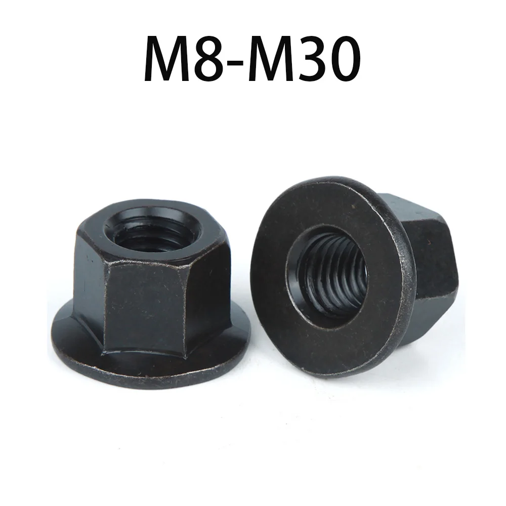 8.8 Grade Black Carbon Steel Hexagonal Flange Nut M8 M10 M12 M14 M16 M18 M20 M22 M24 M27 M30 Hex Flange Nut With Pad Height Nuts