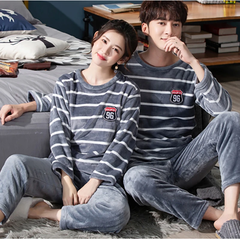 

QUHENG Couple Thick Warm Flannel Pajama Sets for Men Winter Long Sleeve Cute Cartoon Coral Velvet Sleepwear Women Home Clothes