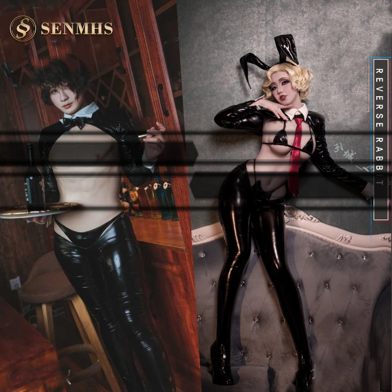 

SENMHS Men And Women Bunny Cosplay Costumes Hollow Out Full Body Harness Leather Lingerie Halter Neck Bondage Cage Bodysuit NEW