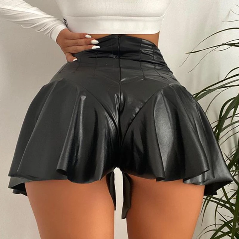 

2022 New Women Sexy PU Leather Shorts Skirts High Waist Solid Color Shorts Party Clubwear Summer Fashion A-Line Mini Skirts