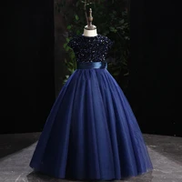 Navy Blue Evening Dress Simple Elegant Short Sleeves Floor-Length O-Neck Sequins New Ball Gown Party Flower Girl Dresses B1774
