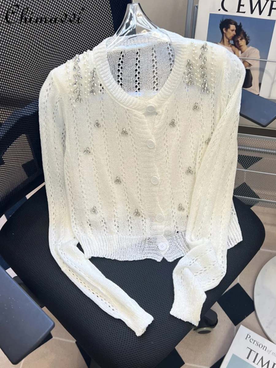 

Early Autumn 2022 New Sweet Heavy Beads Diamond Hollow Long-Sleeved Knitted Cardigan Women Thin Sunscreen Air Conditioning Shirt