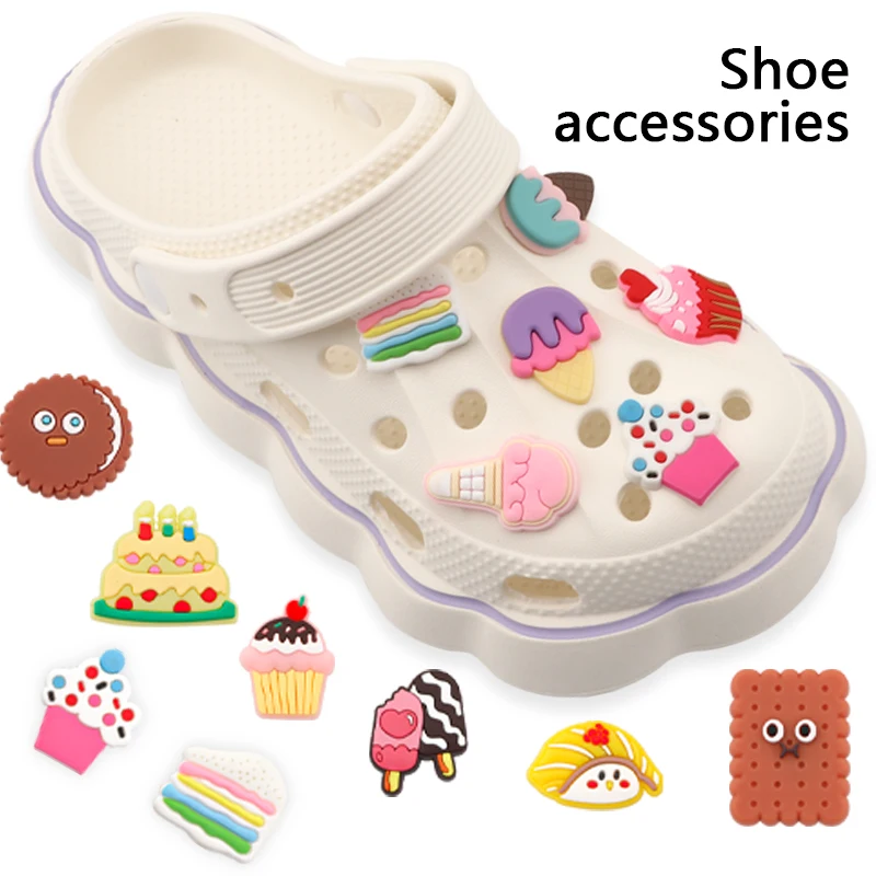 

1Pcs Ice Cream Croc Charms PVC Shoes Decoration Dessert Foods Accessories Cake Biscuit jibbtz Pins For Women Hole Shoes Sandals