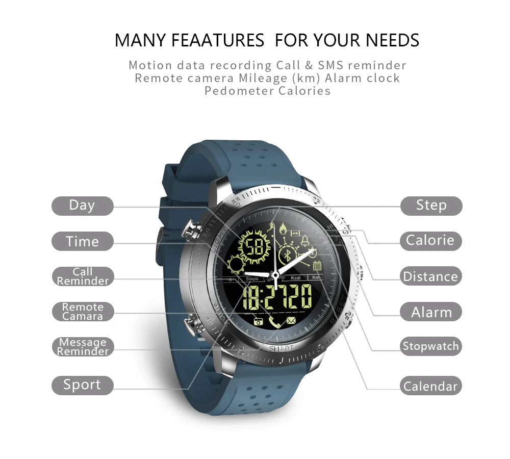 NX02 Sport Activity Tracker Calories Pedometer Smartwatch Stopwatch Call SMS Reminder 33-month Standby Time Smart Watch