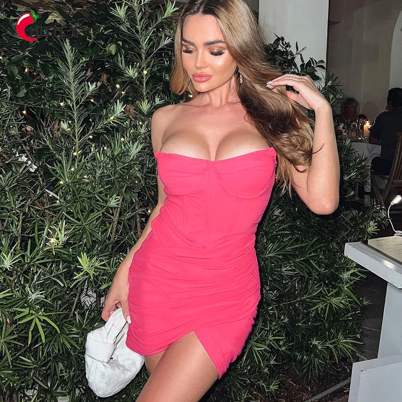 

HOTCY Party Sexy 2022 Fashion Chic Apparel Women Summer Corset Chain Strap Ruched Bodycon Mini Dress