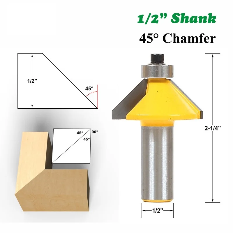 

1pc 1/2 Shank 12.7MM 45 Degree Chamfer Bevel Edging Router Bit for Wood Milling Cutter Woodworking Tools
