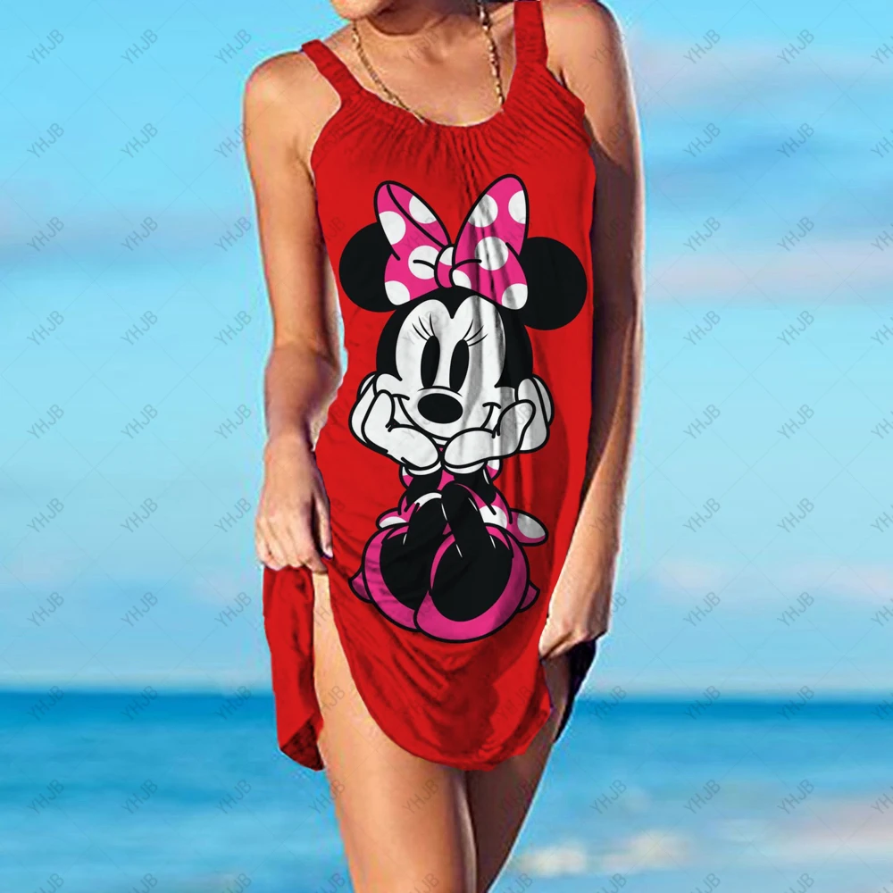 

New Fashion Disney Mickey and Minnie Sexy Beach Dress 3D Print Women's Sleeveless Dress Hawaiian Beachwear Sling Evening Dress