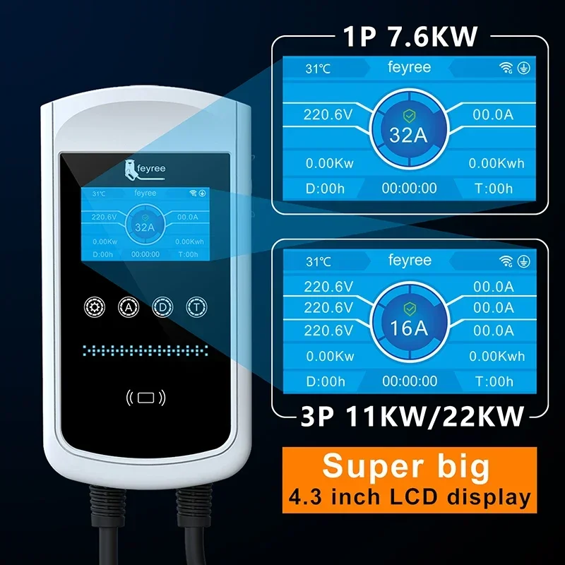 Feyree 22KW 32A Type2 Зарядное устройство для электромобилей 11KW 3P EVSE Wallbox 7 6KW 1P 4 3-дюймовый
