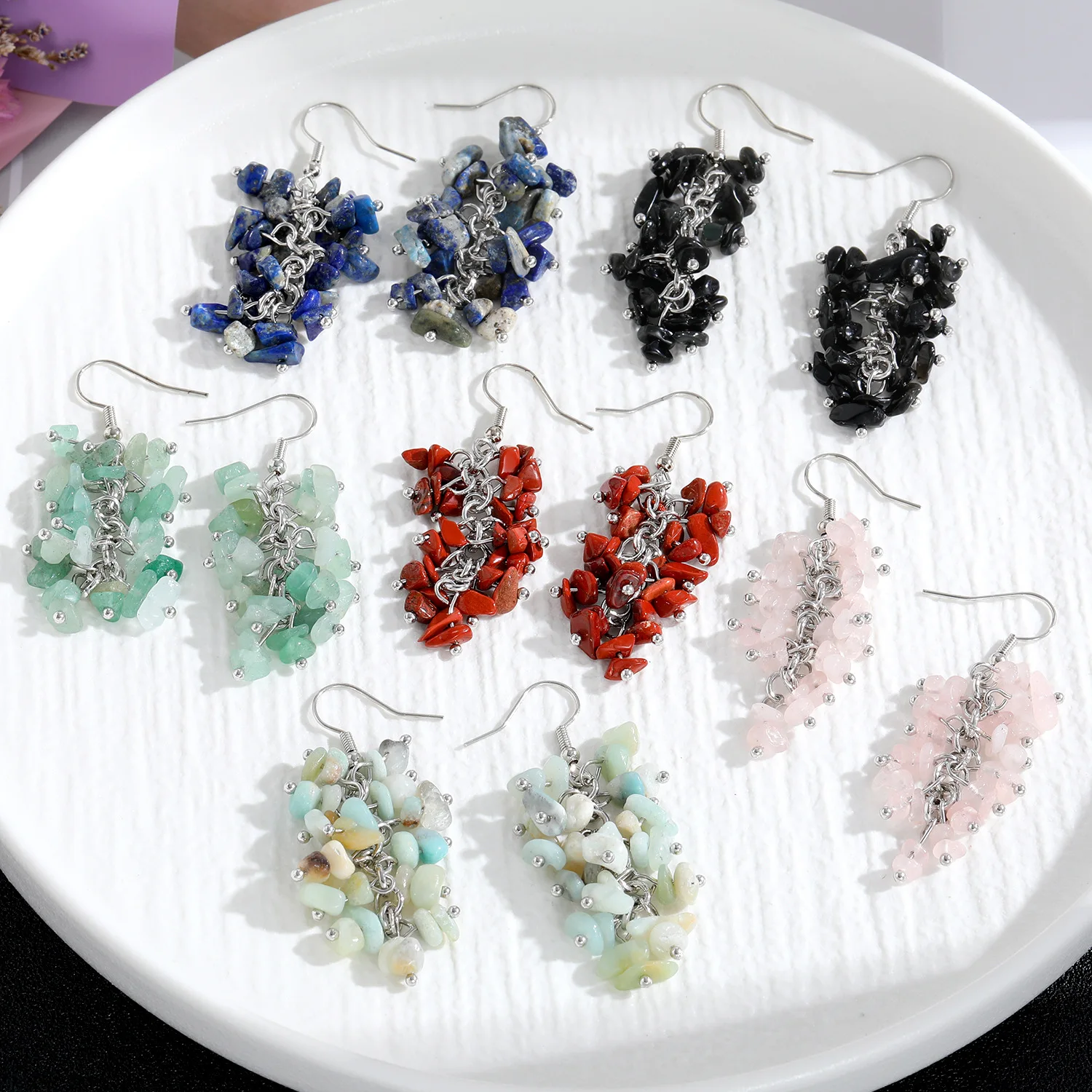 

Natural Stone Crystal Long Tassel Earrings Raw Gemstone Amethyst Lapis Lazuli Tiger's Eye Rose Quartz Chakra Crystal Earring