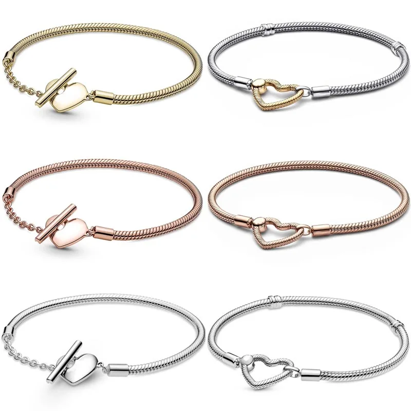 

Original Rose Moment Open Heart T-bar Closure Snake Chain 925 Sterling Silver Bracelet Fit Fashion Bangle Bead Charm Diy Jewelry