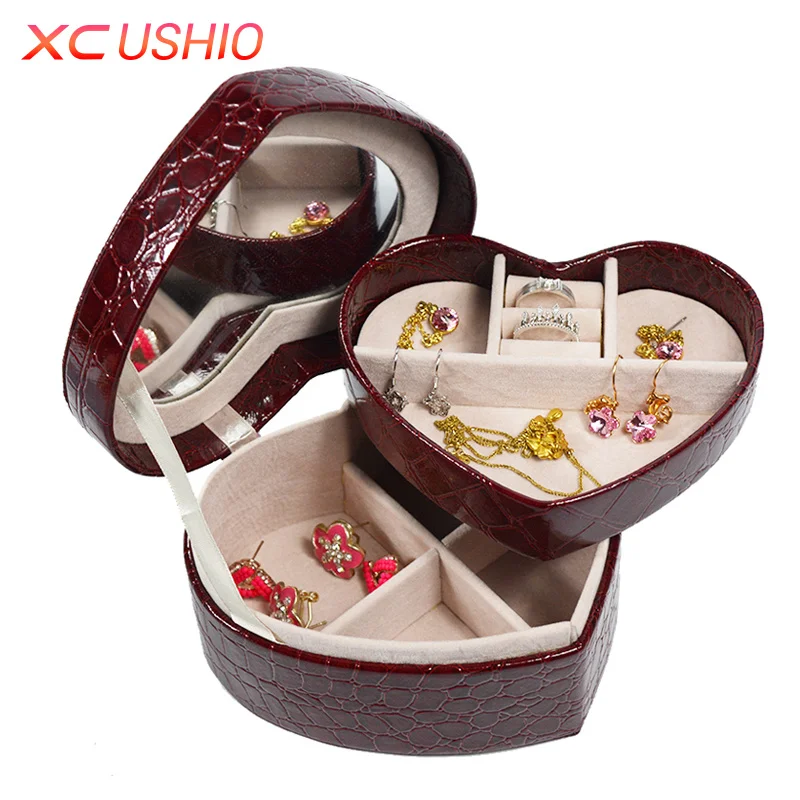 

Шкатулка для ювелирных украшений в форме сердца, органайзер из искусственной кожи с крокодиловым узором, съемный шкатулка для демонстрации