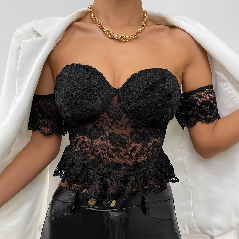 

Sexy Women Lace Hollow Out See-Through Crop Tops Summer Off Shoulder Solid Color Short Sleeve Slim Fit T-Shirt Tank Nightclub