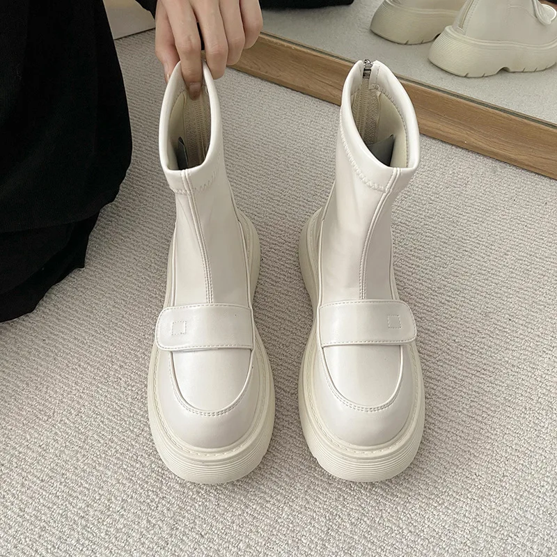 Chelsea Women's Rubber Boots Female Shoes Platform Round Toe Ladies Autumn Ankle Botines De Mujer Square Heel Pu