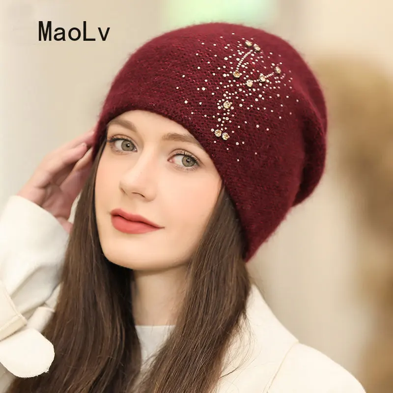 Rabbit Fur Beanies Soft Warm Fluffy Winter Hat for Women Hot Drilling Knitted Hat Skullies Beanies Female Bonnet Woman Knit Cap