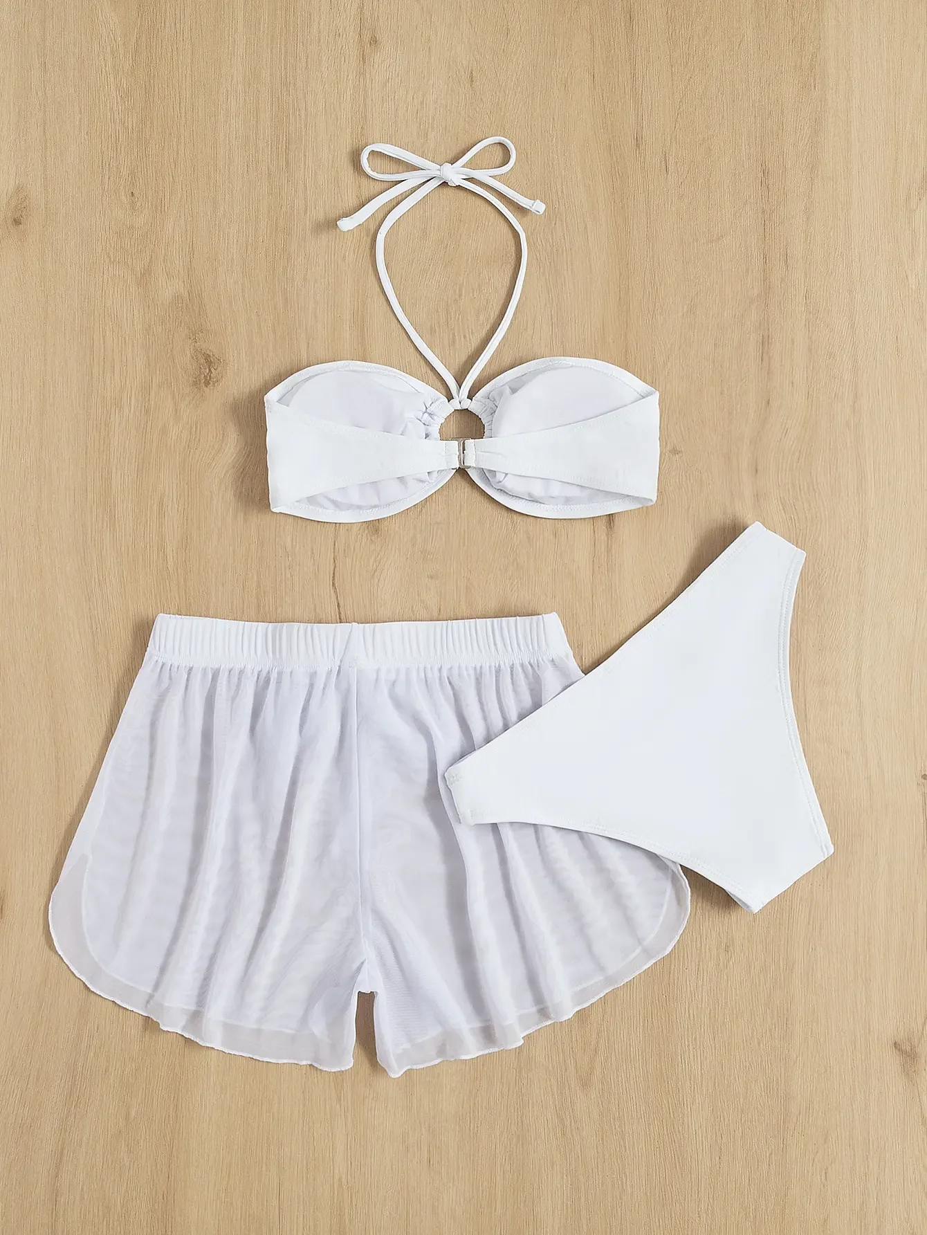 Бикини из 3 предметов с кольцами 2024 женские шорты накидкой купальник женский