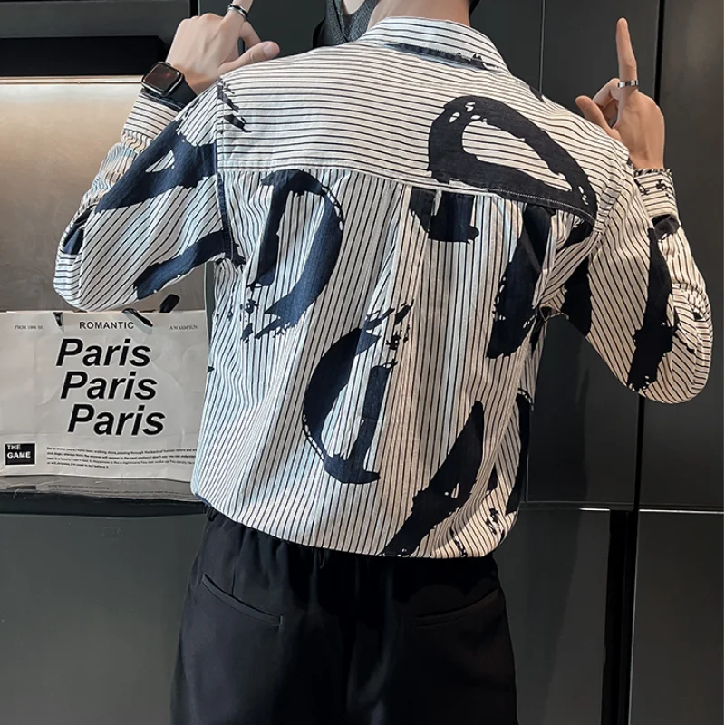 2022 Striped Letter Printed Shirts Men Autumn Long Sleeve Loose Casual Shirt Korean Streetwear Social Party Blouse Men Clothing