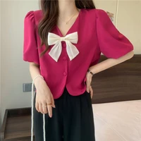 summer french short sleeve shirt women bow v neck short puff sleeve t shirt korean style casual sweet ladies top clothes